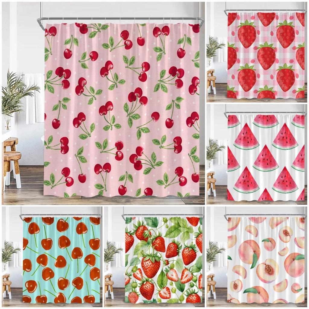 Summer Pink Fruit Shower Curtain Strawberry Cherry Peach Watermelon Shower Curtain Girl Woman Polyester Bathtub Decoration