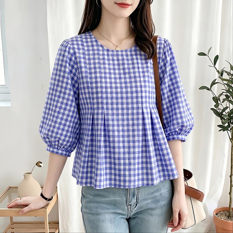 ZANZEA Women Grid Print Casual Round Neck 3/4 Sleeve Blouse