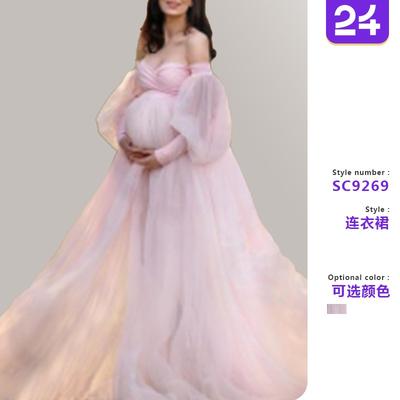 New Maternity Plus Size Women's Clothing Bubble Sleeves Off-the-shoulder Mesh Tube Top Long Dress Big Swing Dress