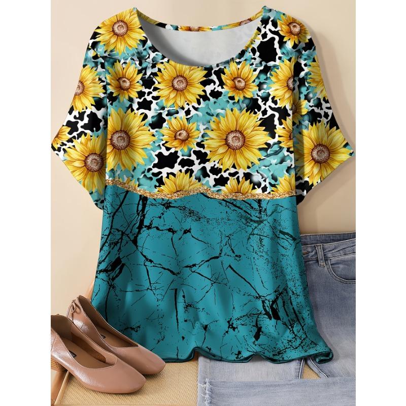 Summer personalized women s retro sunflower leopard print round neck T-shirt S