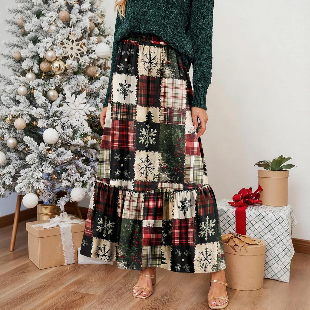 Women's Ruffled Casual Long Skirt Plaid Skirt Retro Pleated Skirt