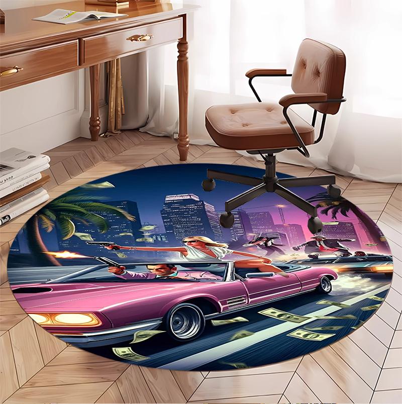 Grand Theft Auto VI Pattern Round Rug, Indoor/Outdoor Mat, for Picnic, Gameroom, Bedroom, Office, Living Room, Home Decor Carpet, Birthday Gift
