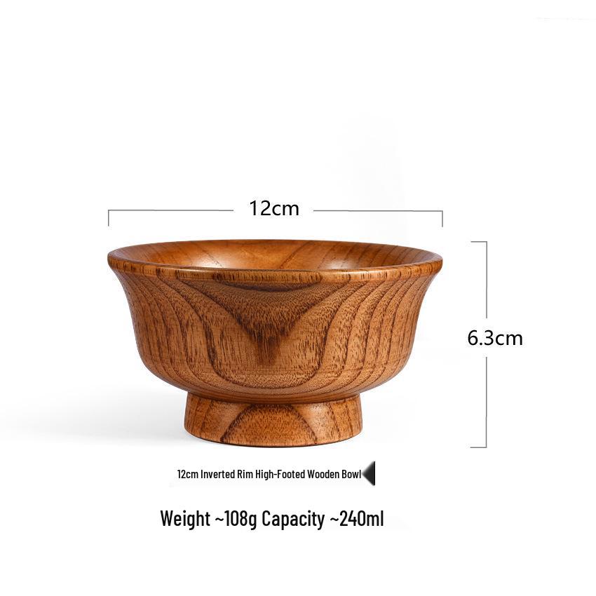 Inverted Edge Anti-Scald Jujube Wood Bowl - Creative High-Foot Solid Color Round Wooden Rice & Milk Tea Bowl