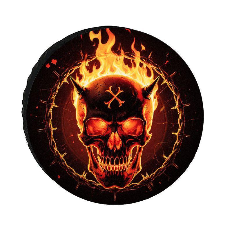 Flame Skull Demon Horn Spare Tire Cover - Polyester Sun & Dust Protection - Cool Off-Road SUV Universal Tire Protector, Vehicle