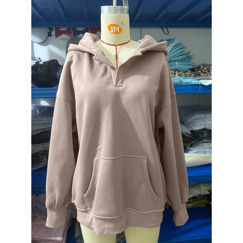 Autumn Winter Loose Casual Solid Color All-match Pullover Hoodies Women Pocket Hooded Sweatshirt Top