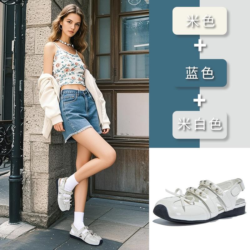 Leather Bag Head Sandals Women's 2025 Summer New Square Head Velcro Bow Mary Jane Shoes Rear Air German Training Shoes