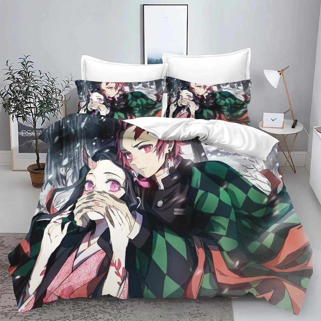 Demon Slayer Kimetsu no Yaiba kamado Nezuko Anime 100% Polyester Bettwäscheset Bettbezug-Set Gedruckte Cartoon Heimdekoration