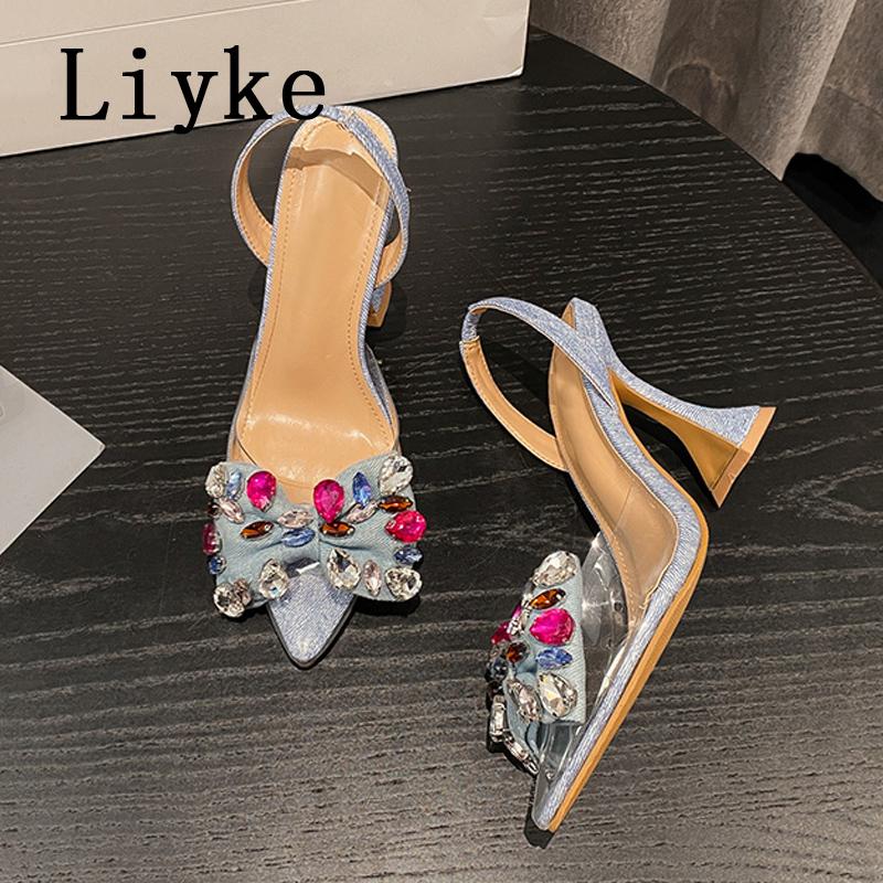 Fashion Liyke Strange Style Blue High Heels Mules Sandals Summer Fashion Crystal Denim Bowknot Pointed Toe Party Dress Shoes Women Pumps