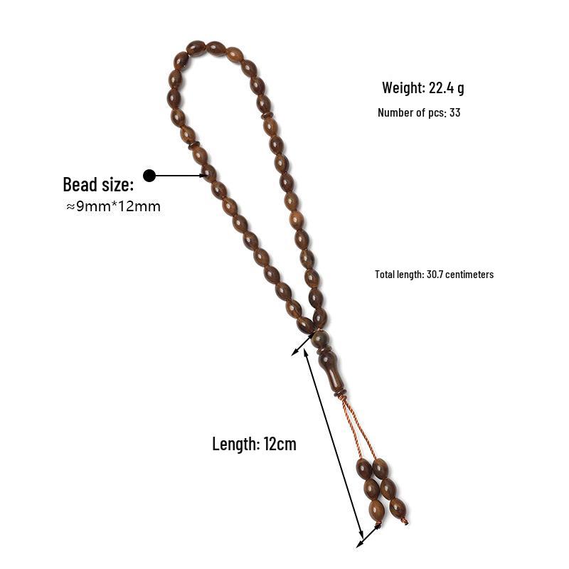 Islamic 33-Bead Tasbih Prayer Rosary, 9x12 mm Beads, Middle Eastern Hui Hand String