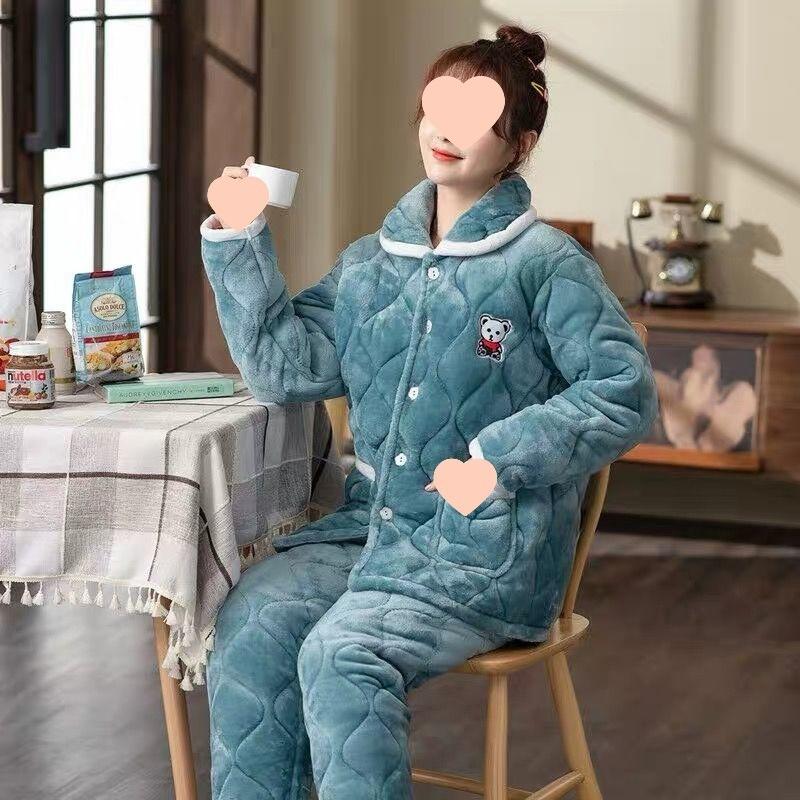 Pajamas women's winter warm winter fleece thickened coral fleece three layers of cotton autumn and winter women's loungewear
