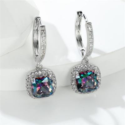 Trendy stříbrná barva Bling Mystic Square Cut Rainbow Stone Náušnice Obruče Náušnice Drop Visací Náušnice Šperky Princezna