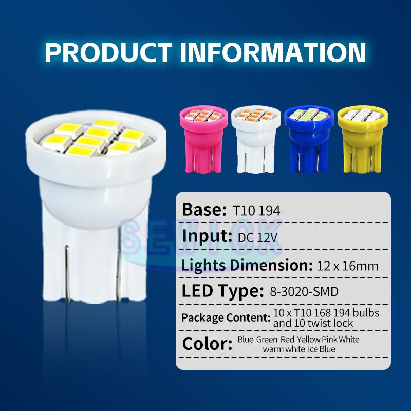 

100pcs T10 8SMD 3020 LED Wedge Light Bulbs Car Interior Lights 192 168 194 W5W White Red Blue 6V 12V 24V For Pinball machine 12V красный