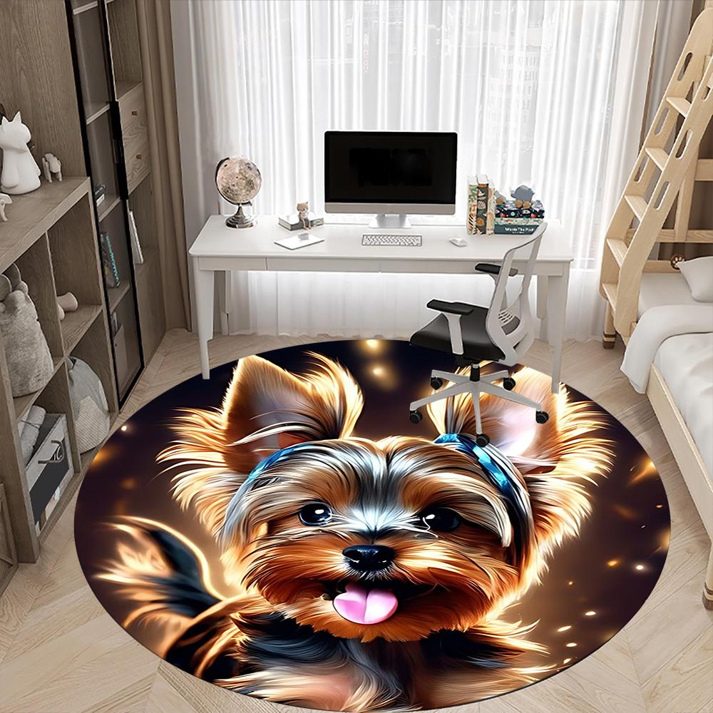 1pc Puppy Yorkie Office Round Area Rug, Indoor Mat Suitable ForOffice, Under Office Chairs Bedroom Living Room Home Decor T174