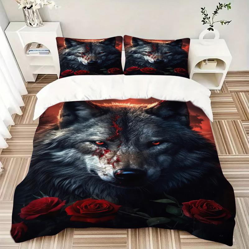 

3pcs Wolf Roses Bedding Set Down Comforter Cover and Pillowcases, Suitable for All Seasons(No Insert)-0729048 135x200cm