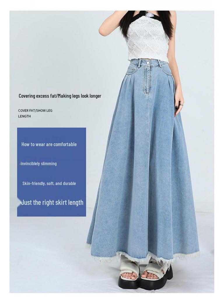 Hong Kong Retro Literary Denim Midi Skirt: Women's 2025 High-Waist A-Line Umbrella Design for Spring/Summer