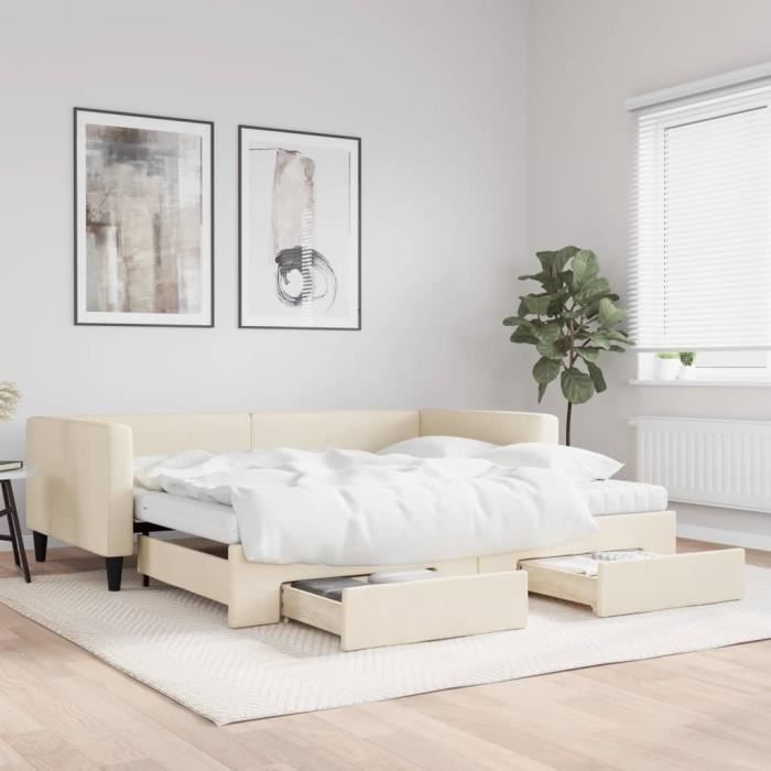 VidaXL Lit de jour avec gigogne et tiroirs crème 100x200 cm tissu 3196641