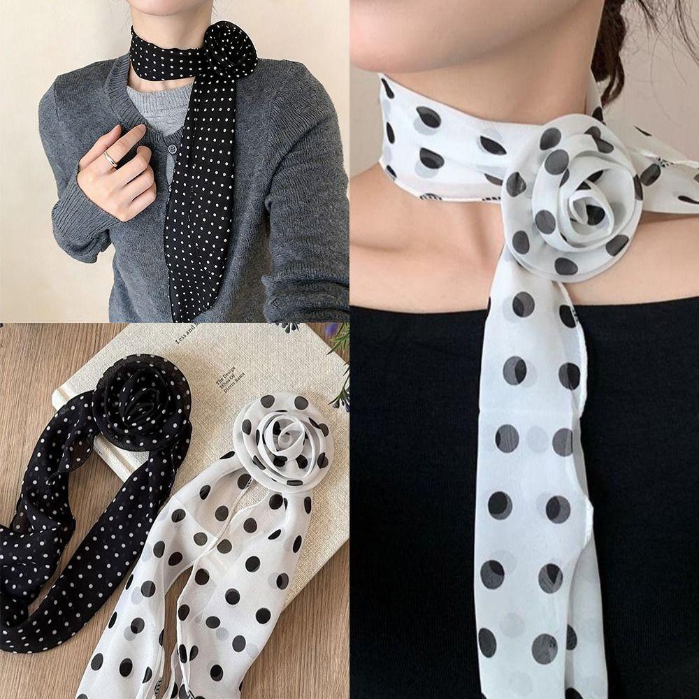 Fashion Detachable Chiffon Long Scarf Polka Dots Versatile Thin Rose Decor Neck Scarf Elegant Scarf Shawl Women Girls Gifts