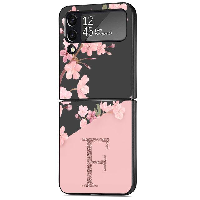 Flower Letter Pink Fashion Initial Cell Case For Samsung Galaxy Z Flip 3 5G 4 Fashion Z Flip3 Luxury Black Hard Phone Coque