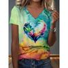 Womens V-Neck Loose Fit Short Sleeve T-Shirt With Colorful Geometric Starry Print Casual Top