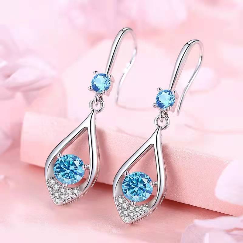 Fashion Ladies Stainless Steel Hanging Try Long Oval Crystal Diamond Sapphire Earrings Pendant Bridal Engagement Wedding Jewelry