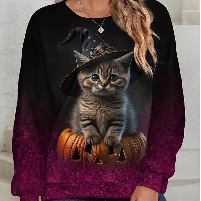 Tops For Women 3D Pumpkin Cat Print Round Neck Long Sleeve T-shirt Fall Casual Slim Pullover Women's Long Sleeve Top