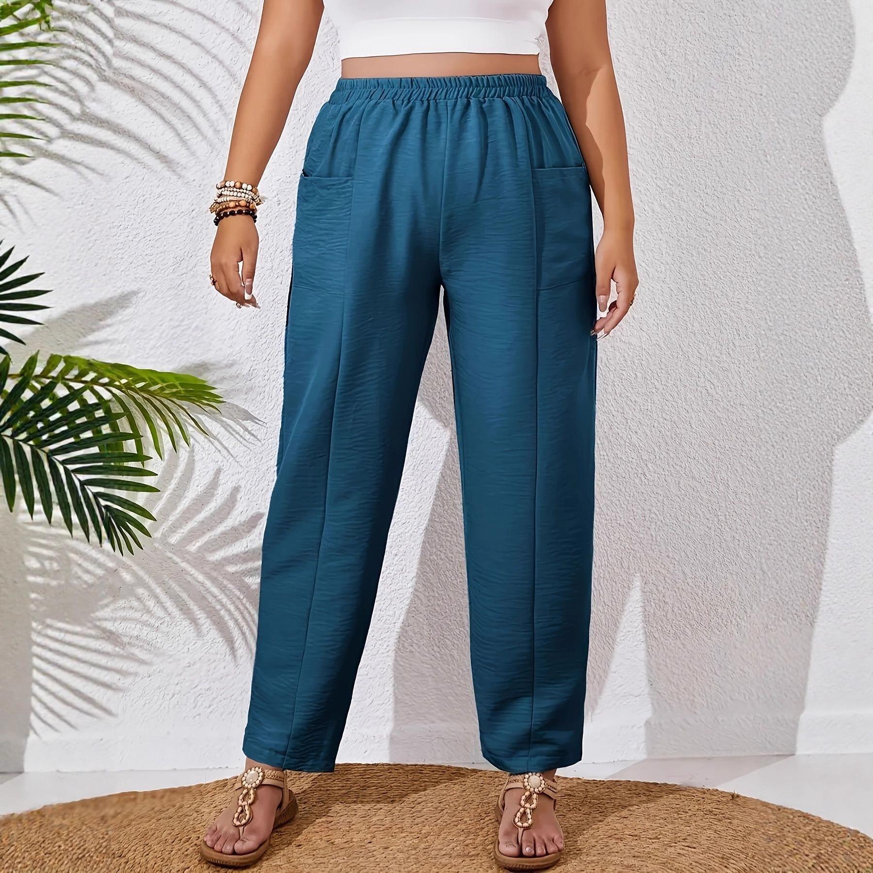 

Женские длинные брюки большого размера однотонные, удобные и повседневные брюки прямого кроя 5XL морской синий