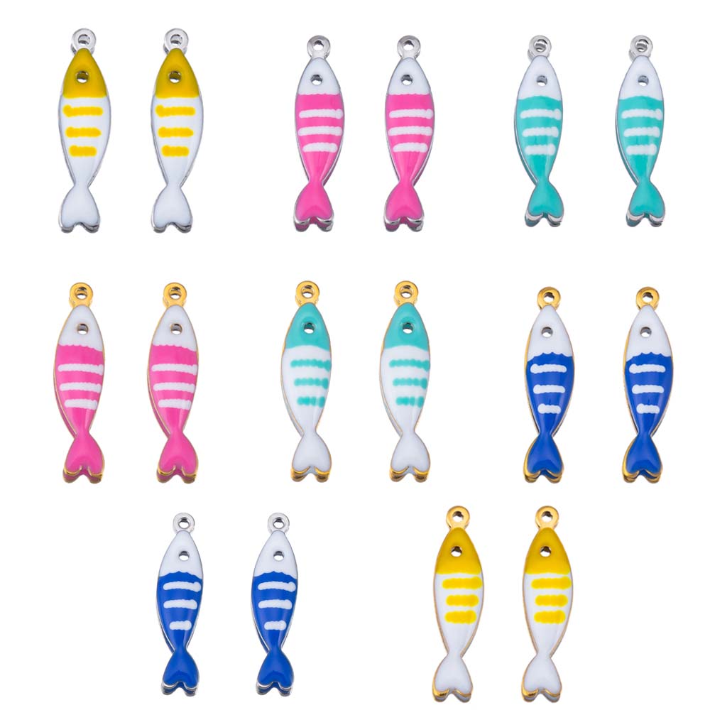 20pcs Stainless Steel Colorful Enamel Fish Charms Pendant Base DIY Ocean Necklace Earrings Jewelry Making Accessories Findings