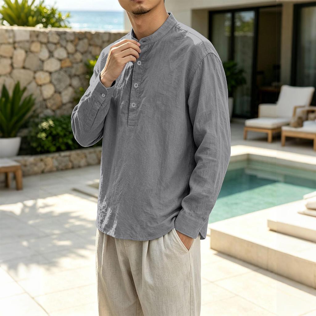 Men's Linen Shirt Long Sleeve Loose Fit Casual Pullover Beach Vacation