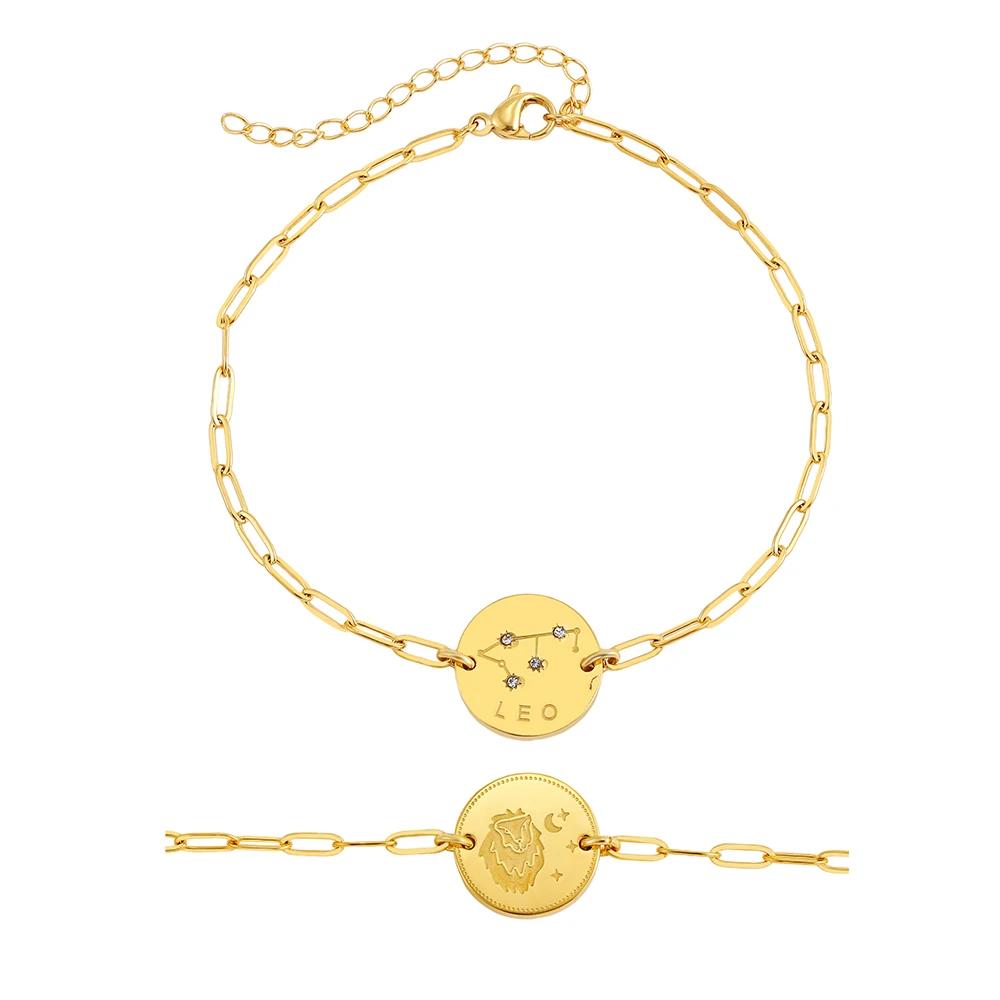 New Handmade Engraved 12 Constellation Pattern Symbol Bracelet Waterproof Hypoallergenic Paper Clip Chain Zodiac Sign Bracelets