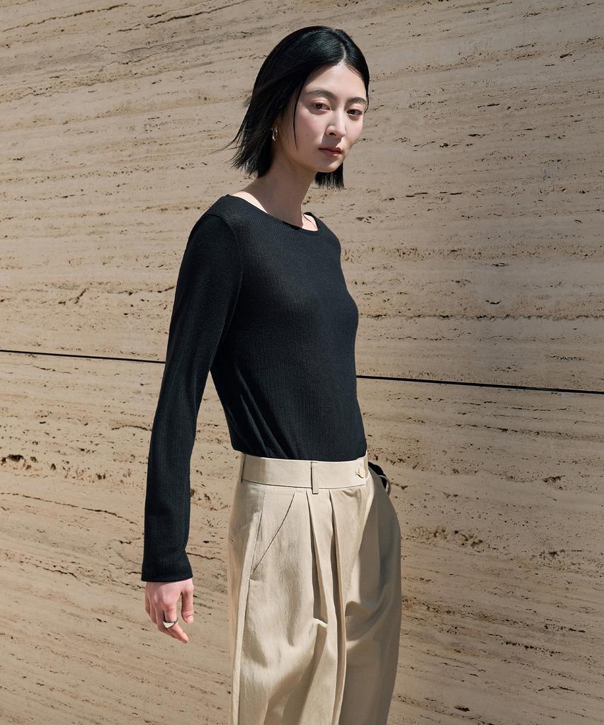 Siyajyu Sitp5285 See-Through Ribbed Boat Neck T-Shirt_Black