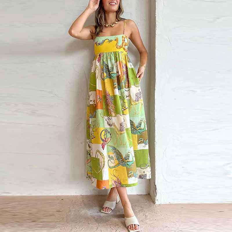 Temperament Fashion European & American Sling Casual Summer Elegant Women's High-Waist Print Dress 2025