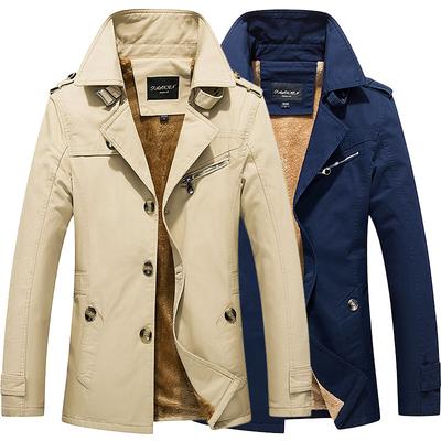Men's Trench Coat Casual Jacket Medium and Long Fleece Thickened Cotton Trench Coat Men's