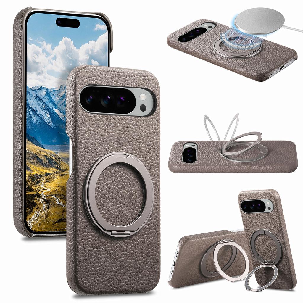 Supporto Rotante a 360° Cavalletto Magnetico Pelle con Texture a Litchi Custodia per Telefono per Google 10 Pro XL 9 8a Per Magsafe Copertura Antiurto