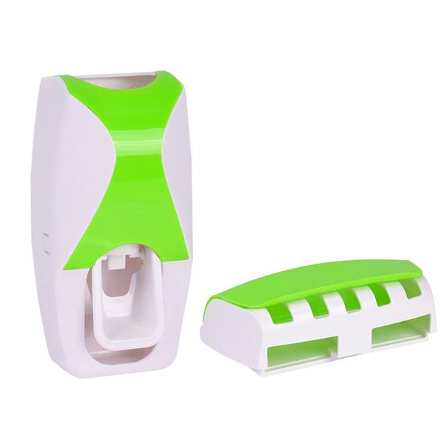 No-Drill Toothbrush Holder & Automatic Toothpaste Dispenser Wall-Mounted Set зелёный