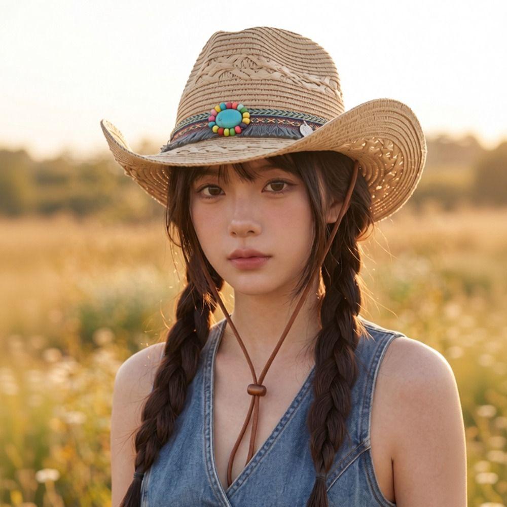 Wide Brim Sunscreen Straw Hat Ethnic Style Panama Cap Fashion Jazz Hat Men