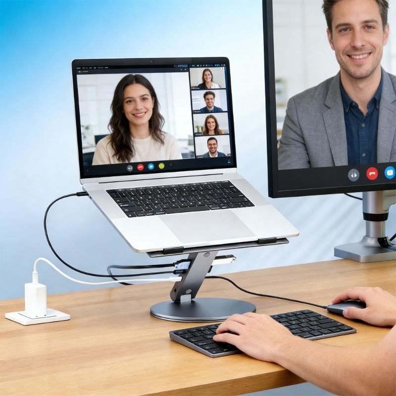 Regulowany aluminiowy stojak na laptopa z dołączonym połączeniem USB typu C oferujący szybkie ładowanie 100 W i szybki transfer danych USB
