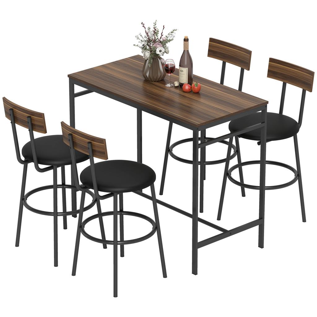Set Tavolo Alto da Bar a 5 Pezzi con 4 Sedie, Design Industriale, per Cucina, Sala da Pranzo, Legno, Acciaio, Marrone