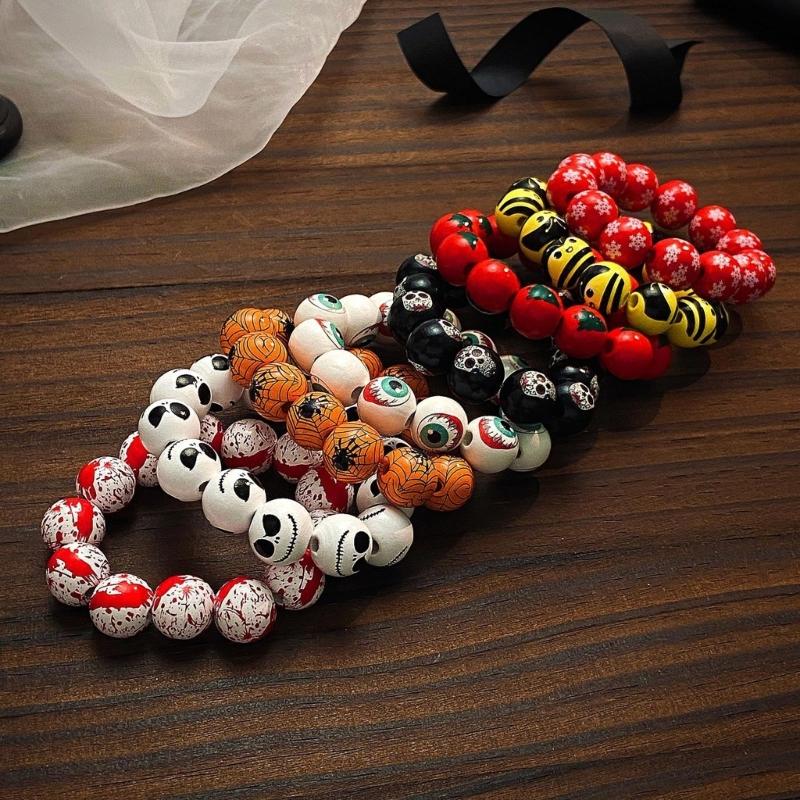 Trendy Halloween Charm Bangle Wood Beaded Bracelet Unique Skeleton Eye Blood Drops Pumpkin Design Hand Chain for Women