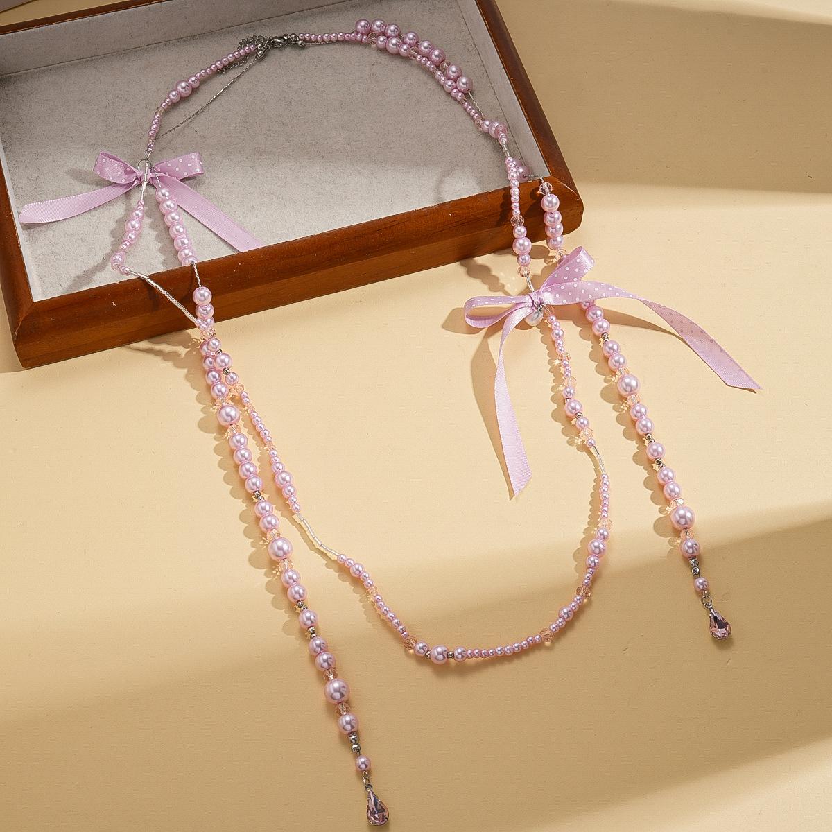 Ожерелье с бантиком из стеклянных жемчужин и бриллиантовым подвесом-кисточкой Сладкая нишевая премиум-цепочка