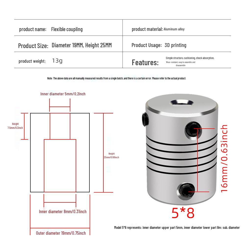 Hliníková flexibilní spojka pro 3D tiskárnu pro krokový motor enkodéru osy Z (5 x 8 mm)