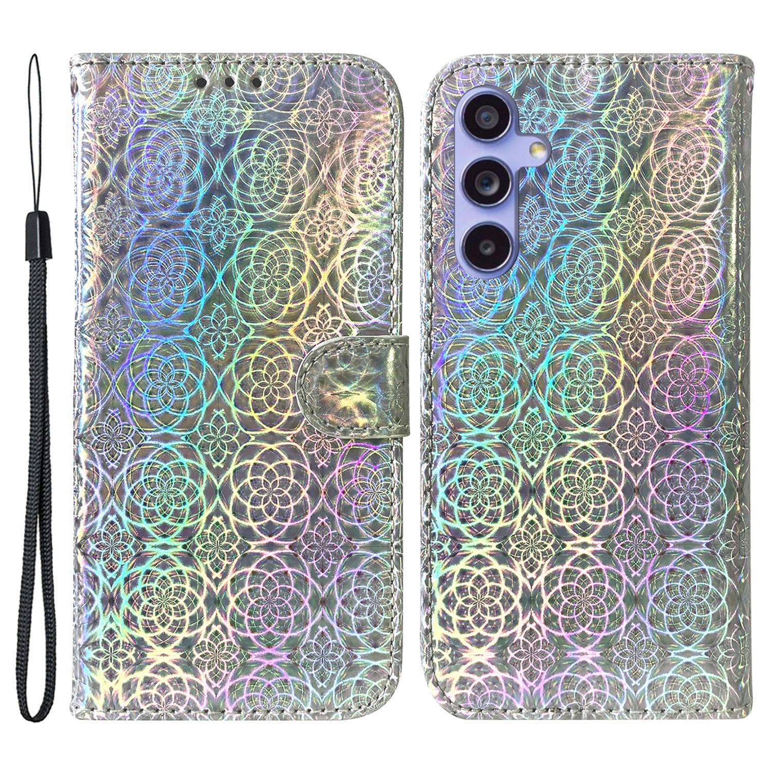 

For Samsung Galaxy S23 FE Dazzling Flower Pattern Phone Wallet Case PU Leather Stand Cover Grey