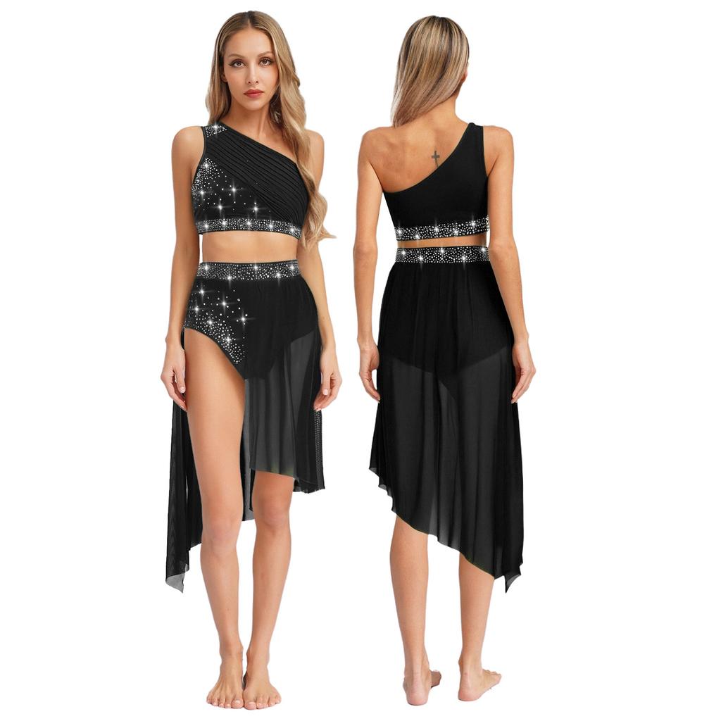 Womens Lyrical Modern Dance Outfits Dancewear One Shoulder Ruched Mesh Overlay Rhinestones Crop Top with Irregular Hem Skirt