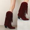 Fashion Fashion Autumn Winter Ethnic Woman Bohemian Flock Tassle Hidden Moccasin High heels Mid-Calf Boots Fringe Female Slip On Shoes