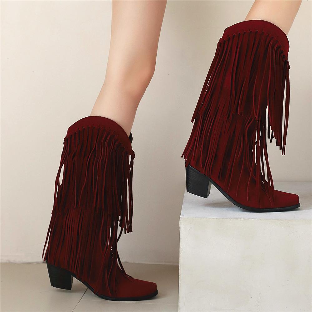 Fashion Fashion Autumn Winter Ethnic Woman Bohemian Flock Tassle Hidden Moccasin High Heels Mid-Calf Boots Fringe Female Slip On Shoes