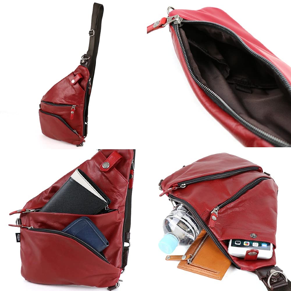 DOUBLES Body Genuine Men's One-Shoulder Bag, Stylish, Leather, Small, Red, JMO-7450