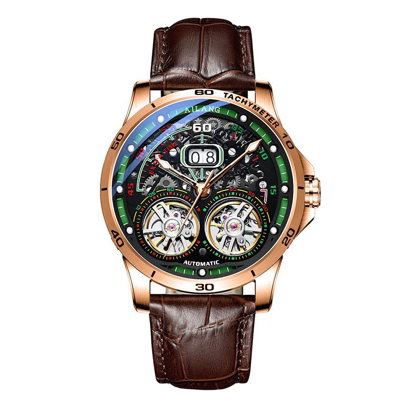 AILANG New Swiss Watches Double Tourbillon Automatic Mechanical Watches for Men Leather Belt