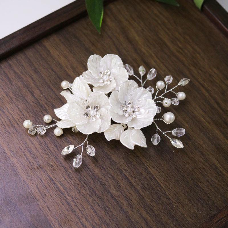 Korean Style Bridal Headdress: White Seashell Petals & Pearl Crystal Hairpin
