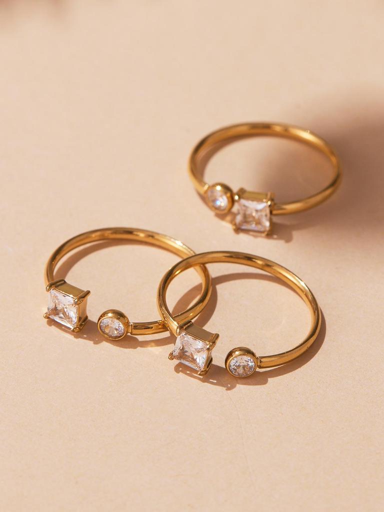 Oumeka Super Flash Zircon Pinky Ring Set: 18k Gold-Plated Small Diamond Stainless Steel Trio Jewelry