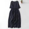Vintage Solid Long Dress for Women V-neck Short Sleeve Elastic Tie Waist Dress Summer Casual Fashion Button Down Ruched Dress Breathable Work Dress