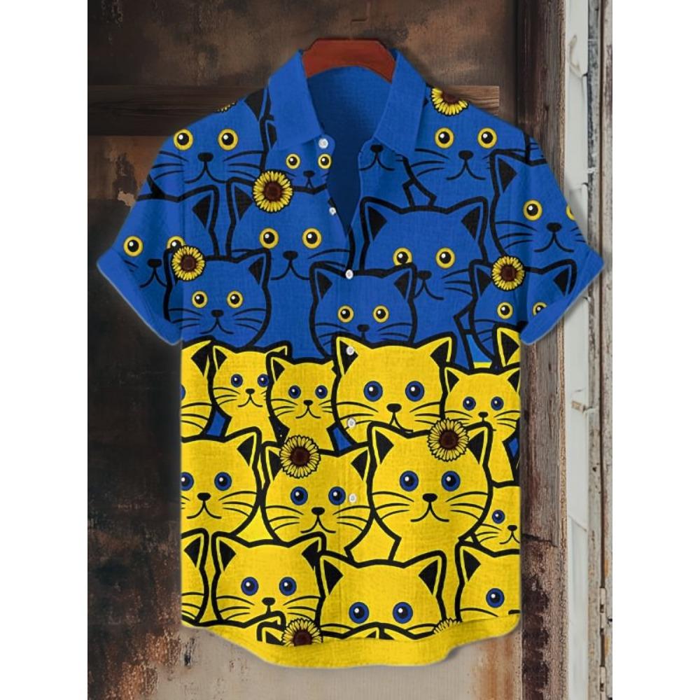 Men's Sunflower Cat All Over Art Print Shirts 3D Anime Hawaiian Shirt Men Women Short Sleeve Lapel Blouse Oversized Y2k Top